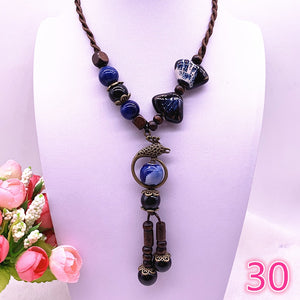 Fashion Ethnic Jewelry Traditional Handmade Ornaments Weave Wax Rope Ceramics Necklace Ceramics Beads Pendant Long Necklace #29