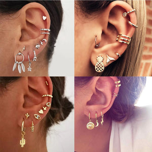 New Boho Fashion Gold Crystal Geometric Star Moon Feather Artificial Pearl Pendant Earrings For Women Vintage Earring Jewelry