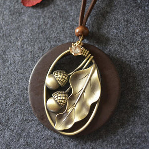 Korea Girl Vintage Ornament Geometry Wooden Alloy Acorn Big Leaves Pendant Sweater Necklace for Women Simple Jewelry Accessories