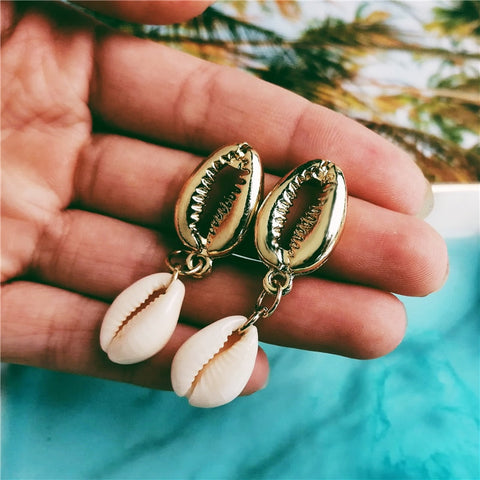 Pearl Sea Shell Earrings For Women Gold Color Trendy Metal Shell Cowrie Statement Dangle Earrings 2019 New Summer Beach Jewelry