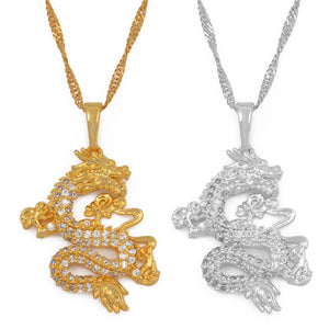 Anniyo CZ Dragon Pendant Necklaces for Women Men Gold Color Jewellery Cubic Zirconia Mascot Ornaments Lucky Symbol Gifts #064004