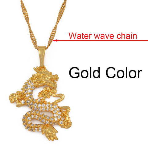 Anniyo CZ Dragon Pendant Necklaces for Women Men Gold Color Jewellery Cubic Zirconia Mascot Ornaments Lucky Symbol Gifts #064004