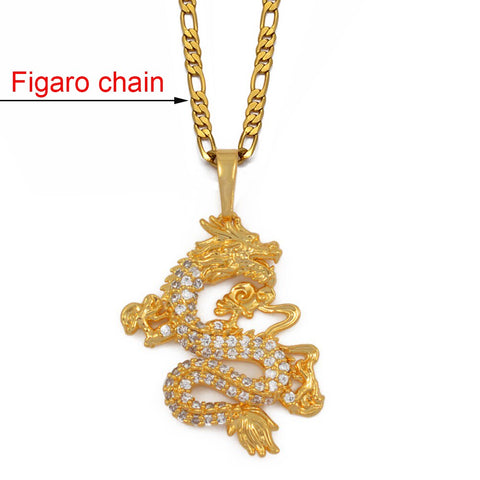 Anniyo CZ Dragon Pendant Necklaces for Women Men Gold Color Jewellery Cubic Zirconia Mascot Ornaments Lucky Symbol Gifts #064004