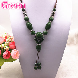 Fashion Ethnic Jewelry Traditional Handmade Ornaments Weave Wax Rope Ceramics Necklace Ceramics Beads Pendant Long Necklace #07