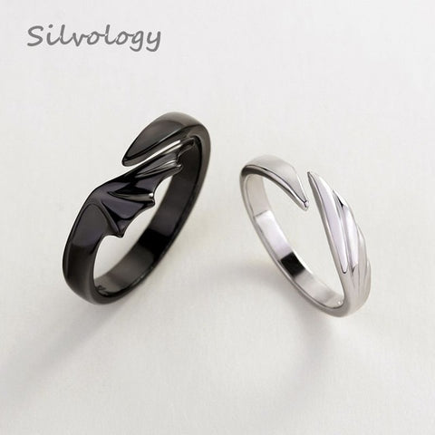Silvology 925 Sterling Silver Angel And Devil Couple Rings Original Creative Texture Romantic Rings For Lovers Festival Jewelry