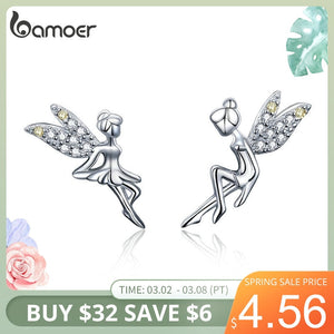 BAMOER Romantic Genuine 925 Sterling Silver Cute Fairy Elevs Exquisite Stud Earrings for Women Luxury Jewelry Making BSE046