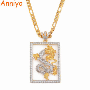 Anniyo Cubic Zirconia Auspicious Dragon Pendant Necklaces for Men Women Gold Color Jewelry Mascot Ornaments Lucky Symbol #064304