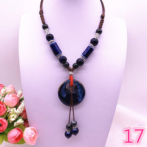 Fashion Ethnic Jewelry Traditional Handmade Ornaments Weave Wax Rope Ceramics Necklace Ceramics Beads Pendant Long Necklace #A