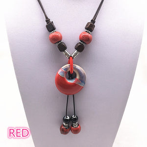 Fashion Ethnic Jewelry Traditional Handmade Ornaments Weave Wax Rope Ceramics Necklace Ceramics Beads Pendant Long Necklace #04