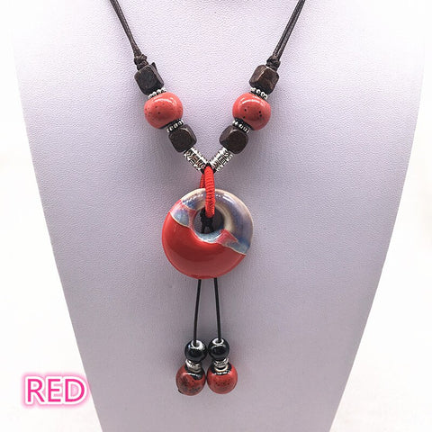 Fashion Ethnic Jewelry Traditional Handmade Ornaments Weave Wax Rope Ceramics Necklace Ceramics Beads Pendant Long Necklace #04