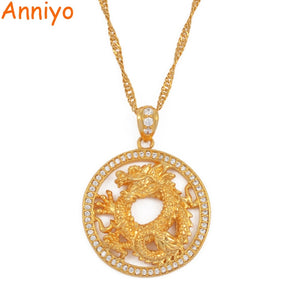 Anniyo Round Dragon Pendant Necklaces for Women Girls Gold Color Jewellery Cubic Zirconia Mascot Ornaments Lucky Symbol #064204