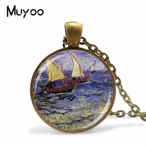 2019 New Vintage Van Gogh Oil Painting Necklace Sunflower Painting Glass Cabochon Necklace Art Ornaments