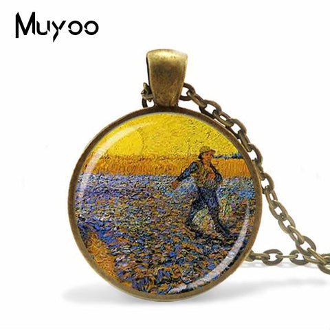 2019 New Vintage Van Gogh Oil Painting Necklace Sunflower Painting Glass Cabochon Necklace Art Ornaments