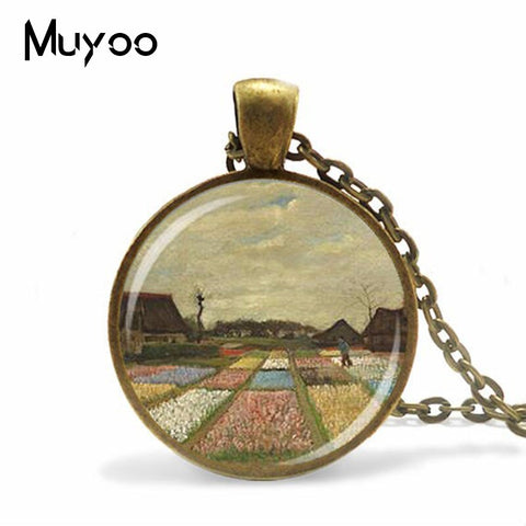 2019 New Vintage Van Gogh Oil Painting Necklace Sunflower Painting Glass Cabochon Necklace Art Ornaments