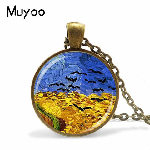 2019 New Vintage Van Gogh Oil Painting Necklace Sunflower Painting Glass Cabochon Necklace Art Ornaments