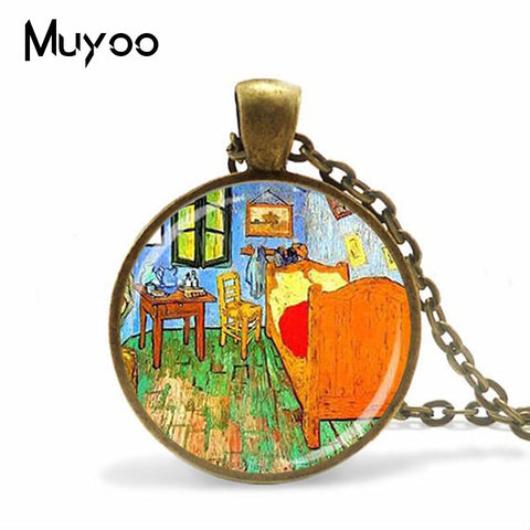 2019 New Vintage Van Gogh Oil Painting Necklace Sunflower Painting Glass Cabochon Necklace Art Ornaments